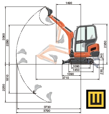 Minikoparka KUBOTA KX016-4 rysunek techniczny