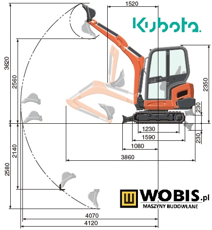 Minikoparka KUBOTA KX019-4 rysunek teczhniczny dane