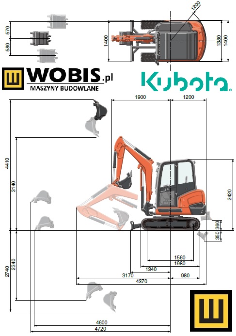 Minikoparka KUBOTA KX027-4 rysunek techniczny