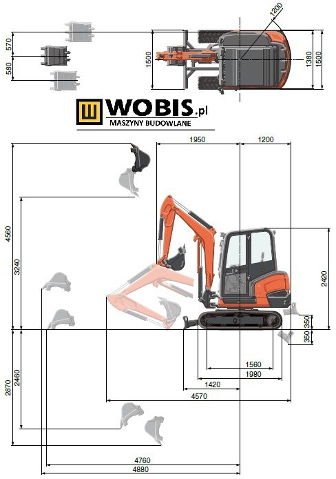 Minikoparka KUBOTA KX030-4 rysunek techniczny