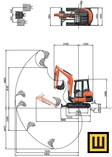 Minikoparka KUBOTA KX037-4 rysunek techniczny