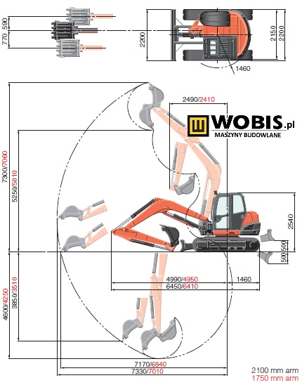 Minikoparka KUBOTA KX080-4 MGL rysunek techniczny